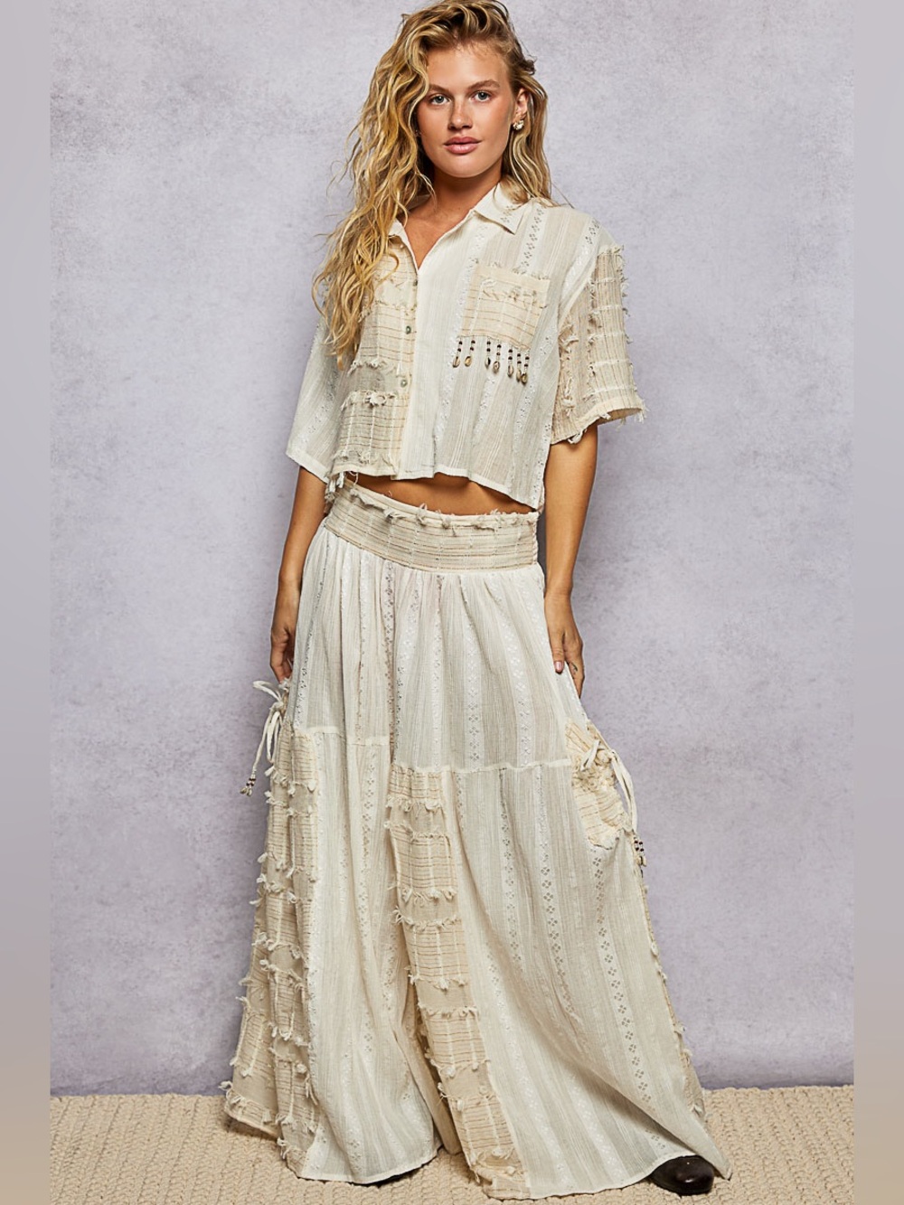 POL Cream Boho Wide-Leg Tiered Pants